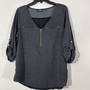 tempted womens black chevron print zip neck 3/4 sleeve tunic top size M
